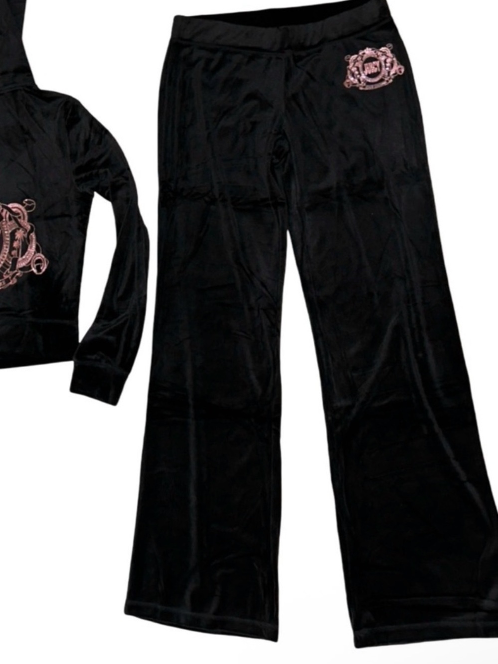 JUICY COUTURE LIQUORICE BLACK & PINK GLITTER BLING VELOUR TRACKSUIT *PANTS* NWT